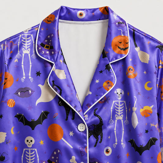 PJ-739-Halloween Satin Pajama Set with Festive Seasonal Print for Cozy Sleepwear and Loungewear