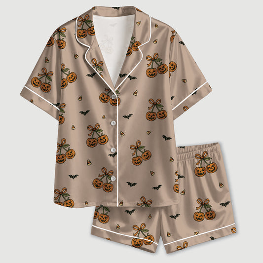 PJ-740-Halloween Satin Pajama Set with Festive Seasonal Print for Cozy Sleepwear and Loungewear