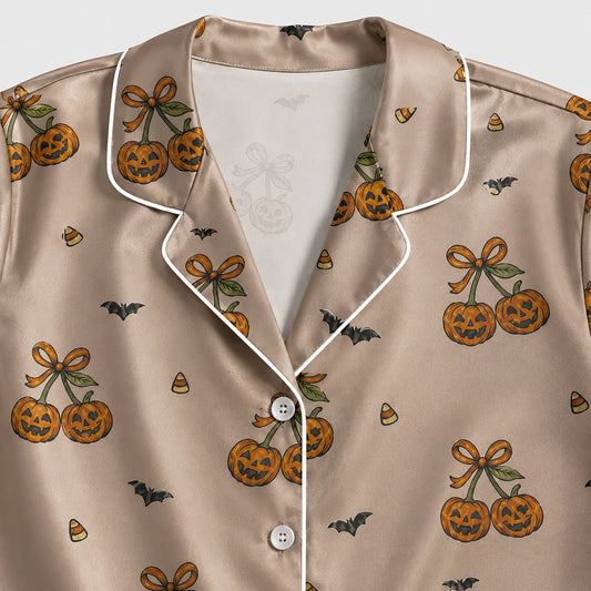 PJ-740-Halloween Satin Pajama Set with Festive Seasonal Print for Cozy Sleepwear and Loungewear