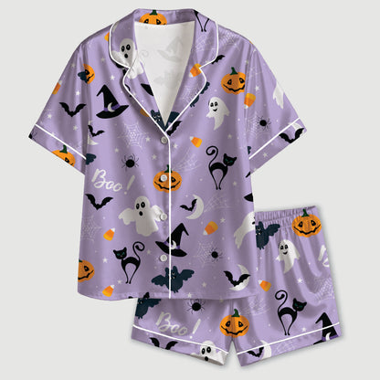 PJ-741-Halloween Satin Pajama Set with Festive Seasonal Print for Cozy Sleepwear and Loungewear