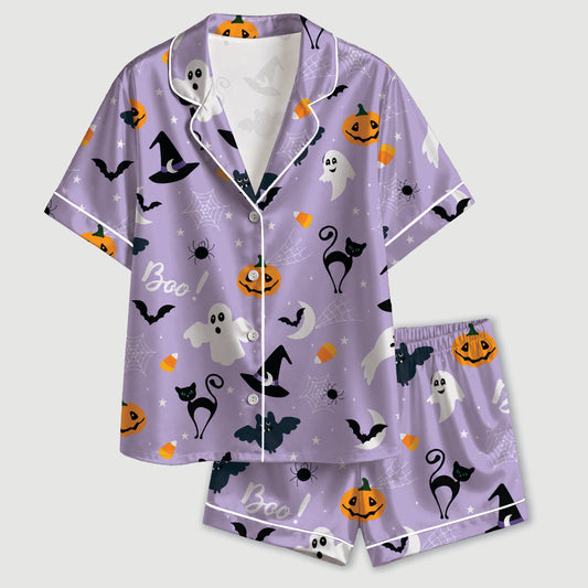 PJ-741-Halloween Satin Pajama Set with Festive Seasonal Print for Cozy Sleepwear and Loungewear