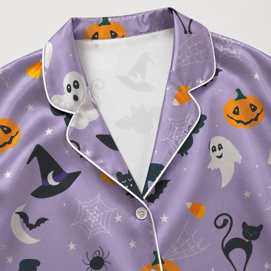 PJ-741-Halloween Satin Pajama Set with Festive Seasonal Print for Cozy Sleepwear and Loungewear