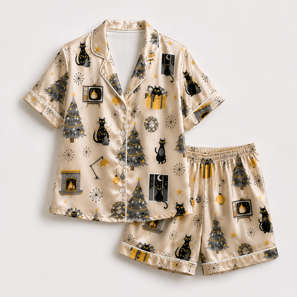 PJ-CM144-Black Cat Christmas Satin Pajama Set with Holiday Trees Gifts Stars and Elegant Winter Pattern for Cozy Sleepwear
