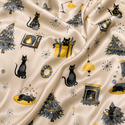 PJ-CM144-Black Cat Christmas Satin Pajama Set with Holiday Trees Gifts Stars and Elegant Winter Pattern for Cozy Sleepwear