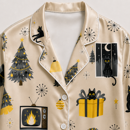 PJ-CM144-Black Cat Christmas Satin Pajama Set with Holiday Trees Gifts Stars and Elegant Winter Pattern for Cozy Sleepwear