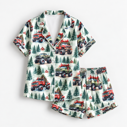 PJ-CM194-Christmas Monster Truck Satin Pajama Set with Festive Trucks Pine Trees Gifts and Winter Forest Pattern for Cozy Sleepwear