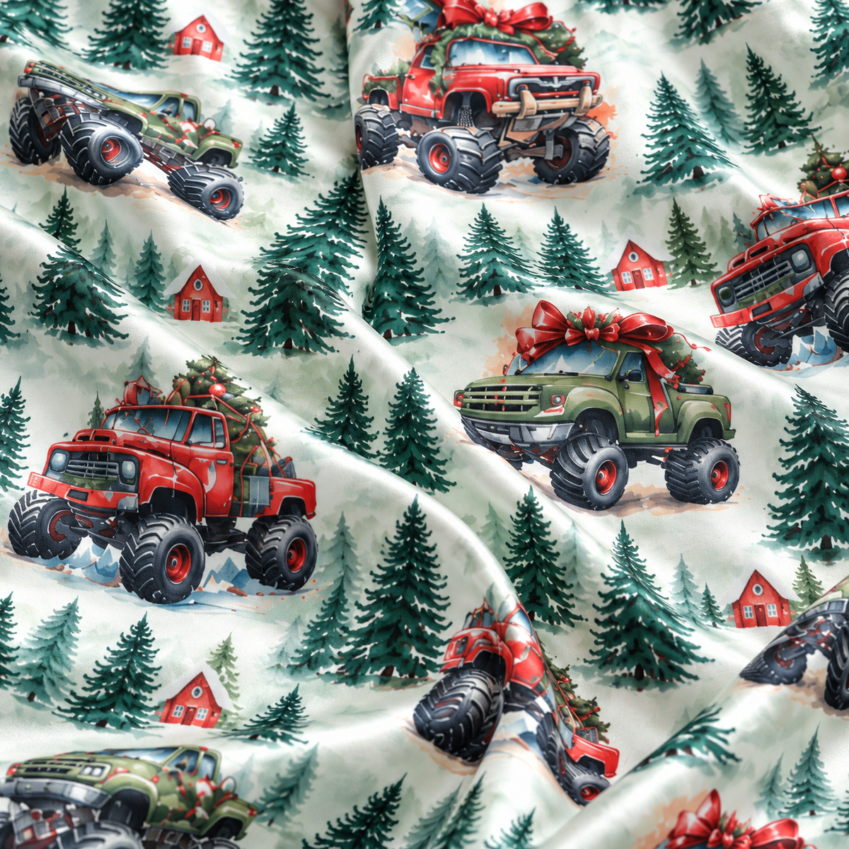 PJ-CM194-Christmas Monster Truck Satin Pajama Set with Festive Trucks Pine Trees Gifts and Winter Forest Pattern for Cozy Sleepwear