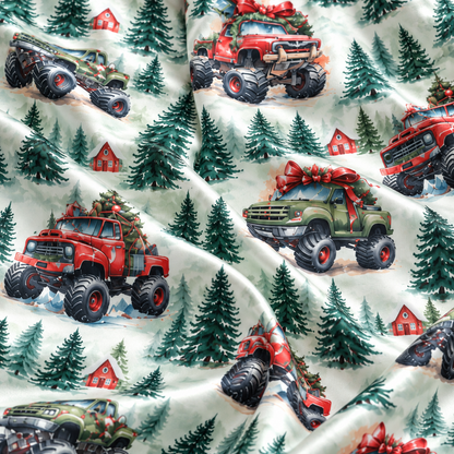 PJ-CM194-Christmas Monster Truck Satin Pajama Set with Festive Trucks Pine Trees Gifts and Winter Forest Pattern for Cozy Sleepwear