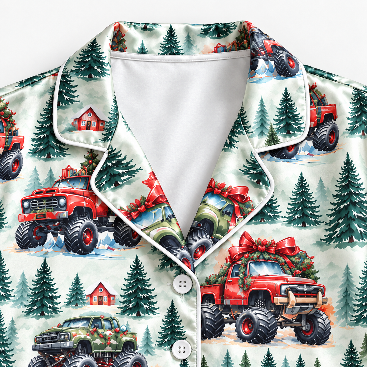 PJ-CM194-Christmas Monster Truck Satin Pajama Set with Festive Trucks Pine Trees Gifts and Winter Forest Pattern for Cozy Sleepwear