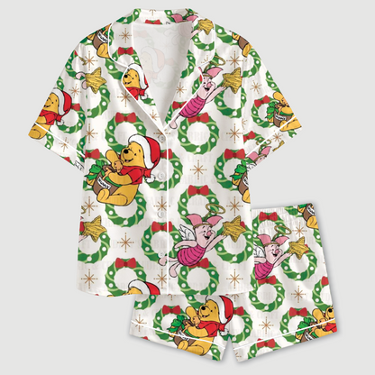 PJ-CM212-"Winnie the Pooh and Piglet Christmas Satin Pajama Set with Santa Hats Holiday Wreaths and Festive Disney Character Pattern "