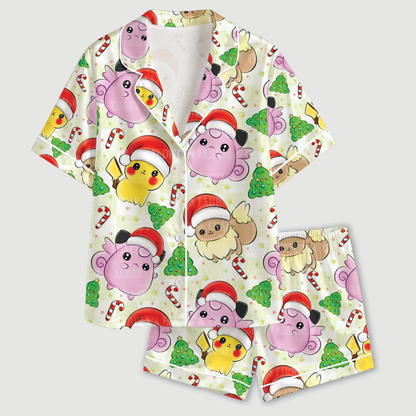 PJ-CM214-Pokémon Christmas Satin Pajama Set with Pikachu Jigglypuff Eevee Candy Canes and Festive Holiday Character Pattern for Cozy Sleepwear