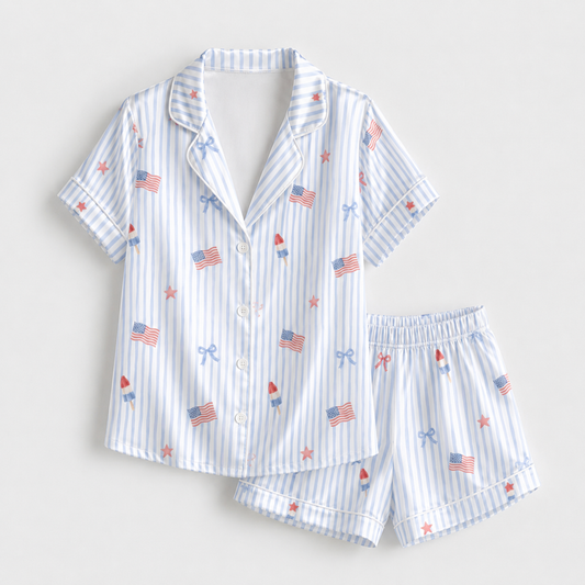 PJ-M001-Independence Day Americana Flag Popsicle Motif Light Blue Striped Satin Button Down Sleepwear Set