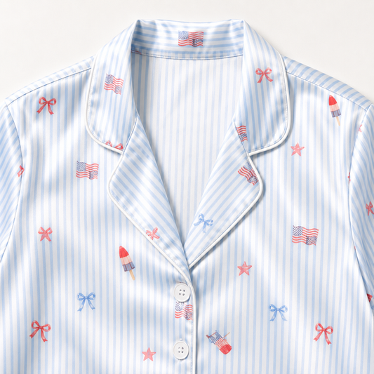 PJ-M001-Independence Day Americana Flag Popsicle Motif Light Blue Striped Satin Button Down Sleepwear Set
