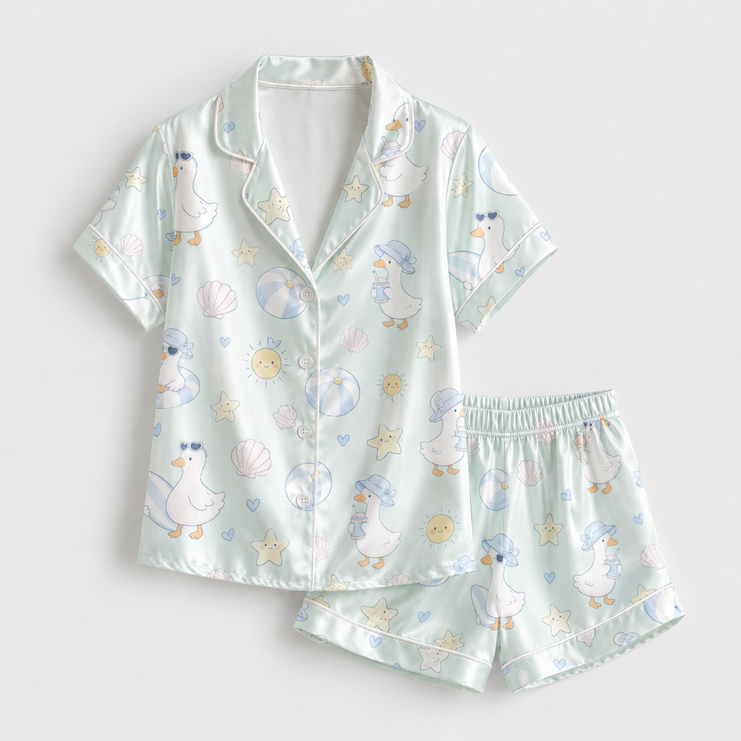 PJ-M002-Whimsical Summer Beach Duck Motif Mint Green Silky Satin Pajama Sleepwear And Lounge Set