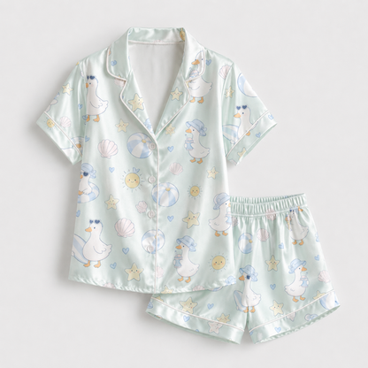 PJ-M002-Whimsical Summer Beach Duck Motif Mint Green Silky Satin Pajama Sleepwear And Lounge Set