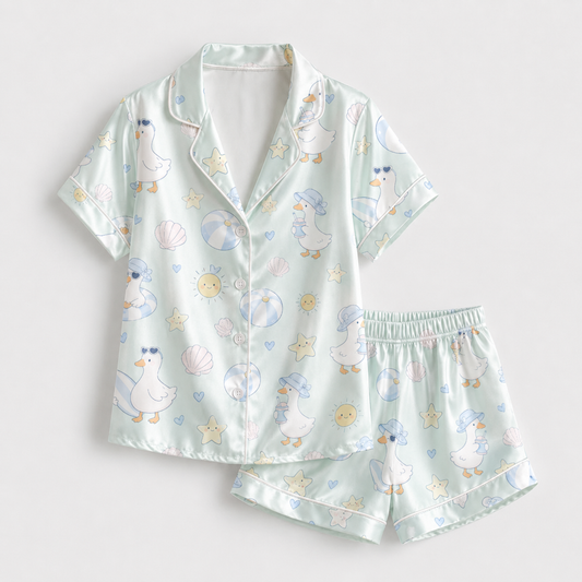 PJ-M002-Whimsical Summer Beach Duck Motif Mint Green Silky Satin Pajama Sleepwear And Lounge Set