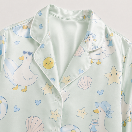 PJ-M002-Whimsical Summer Beach Duck Motif Mint Green Silky Satin Pajama Sleepwear And Lounge Set