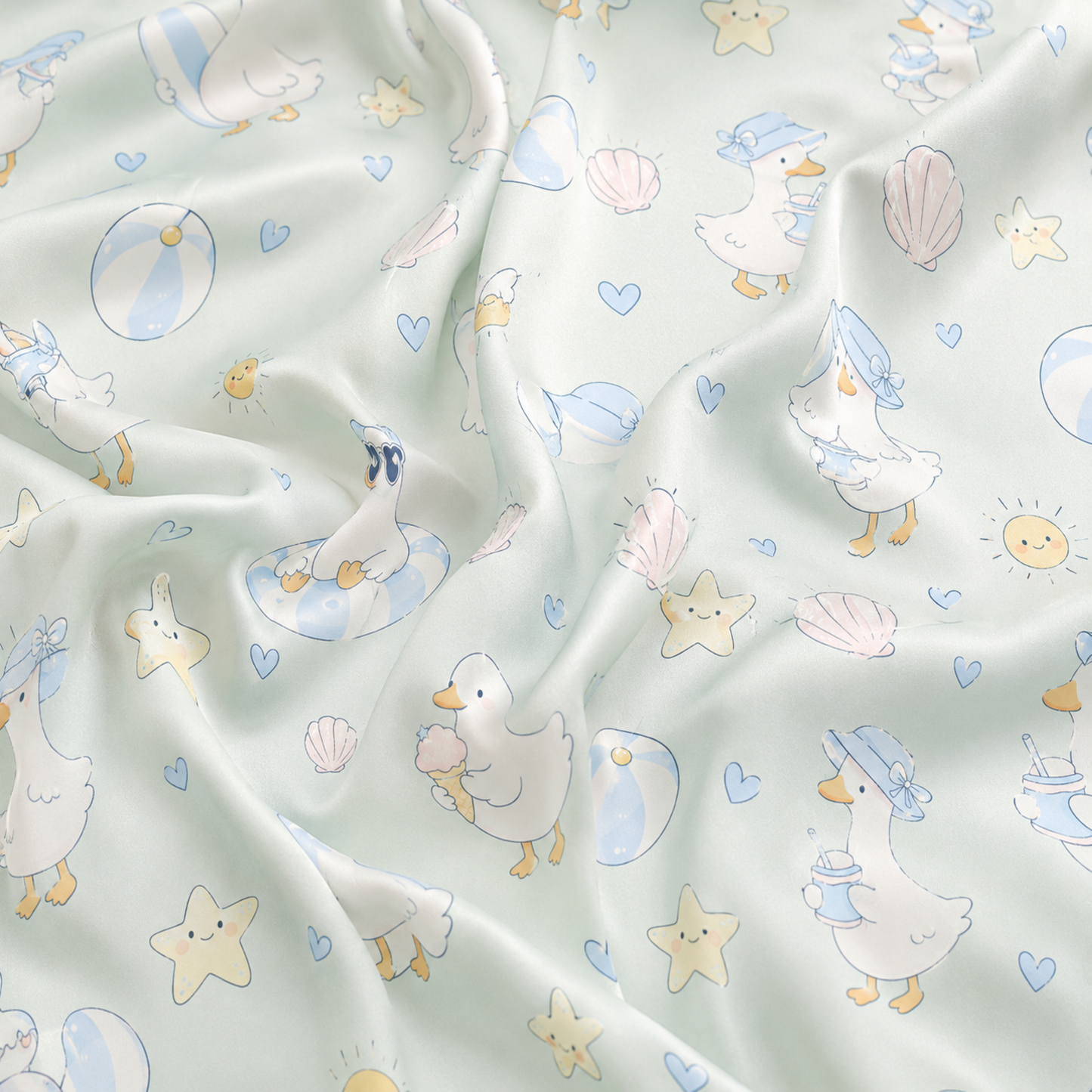 PJ-M002-Whimsical Summer Beach Duck Motif Mint Green Silky Satin Pajama Sleepwear And Lounge Set
