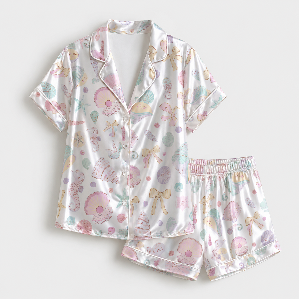 PJ-M003-Dreamy Pastel Seashell And Seahorse Print White Silky Satin Sleepwear Lounge Pajama Coordinate Set