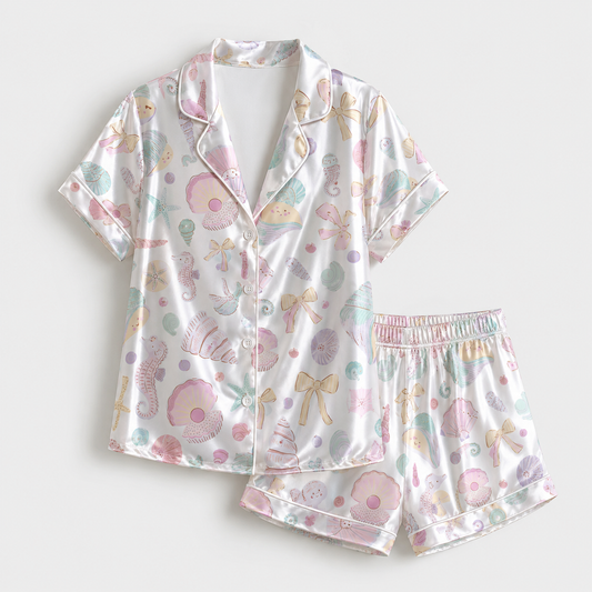 PJ-M003-Dreamy Pastel Seashell And Seahorse Print White Silky Satin Sleepwear Lounge Pajama Coordinate Set
