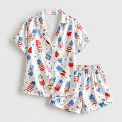 PJ-M004-Festive Americana Star And Stripe Popsicle Pattern White Satin Sleepwear Lounge Pajama Coordinate Ensemble