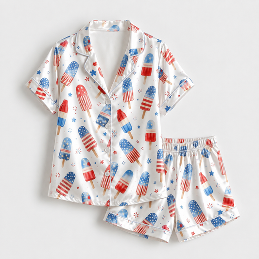 PJ-M004-Festive Americana Star And Stripe Popsicle Pattern White Satin Sleepwear Lounge Pajama Coordinate Ensemble