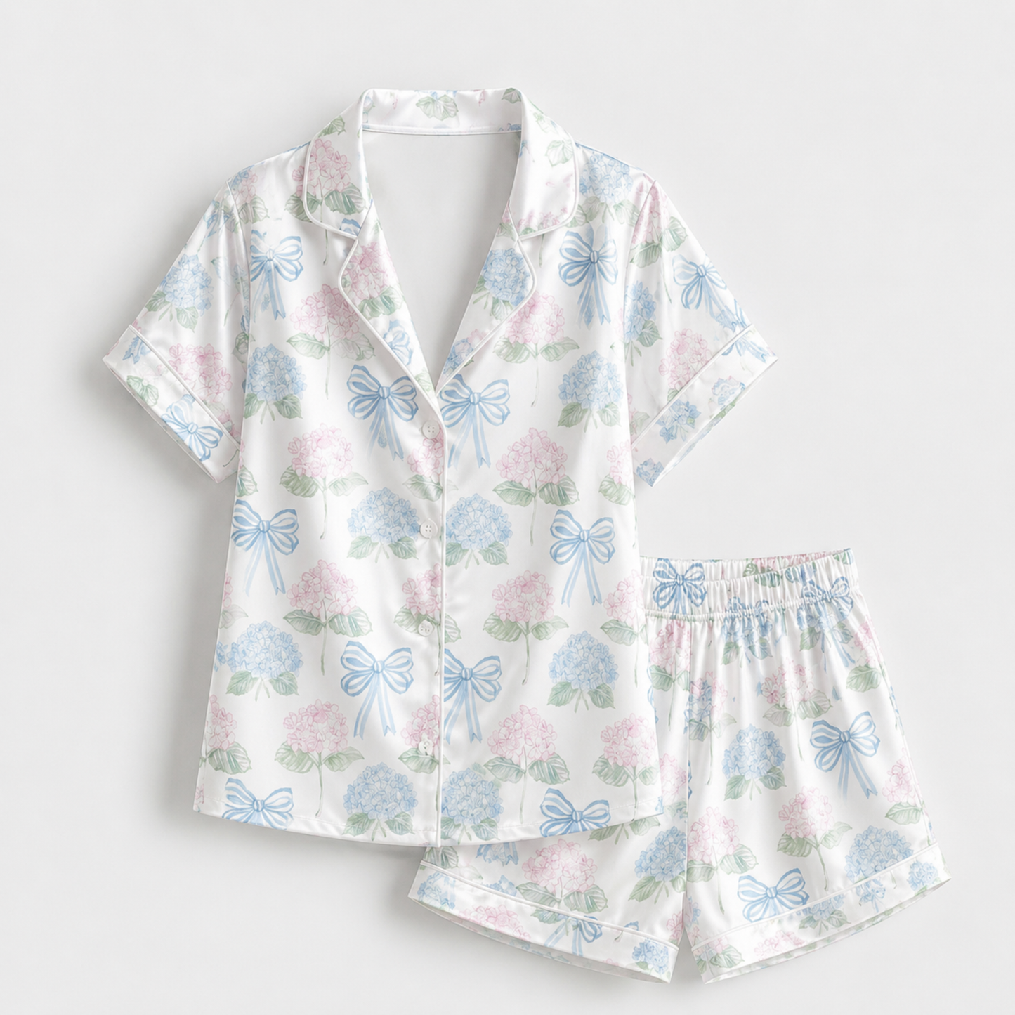 PJ-M005-Pastel Hydrangea Floral And Blue Ribbon Bow Print White Satin Sleepwear Pajama Set