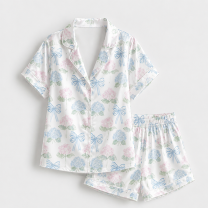 PJ-M005-Pastel Hydrangea Floral And Blue Ribbon Bow Print White Satin Sleepwear Pajama Set