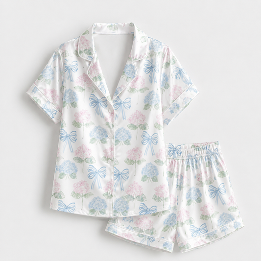 PJ-M005-Pastel Hydrangea Floral And Blue Ribbon Bow Print White Satin Sleepwear Pajama Set