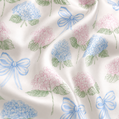 PJ-M005-Pastel Hydrangea Floral And Blue Ribbon Bow Print White Satin Sleepwear Pajama Set