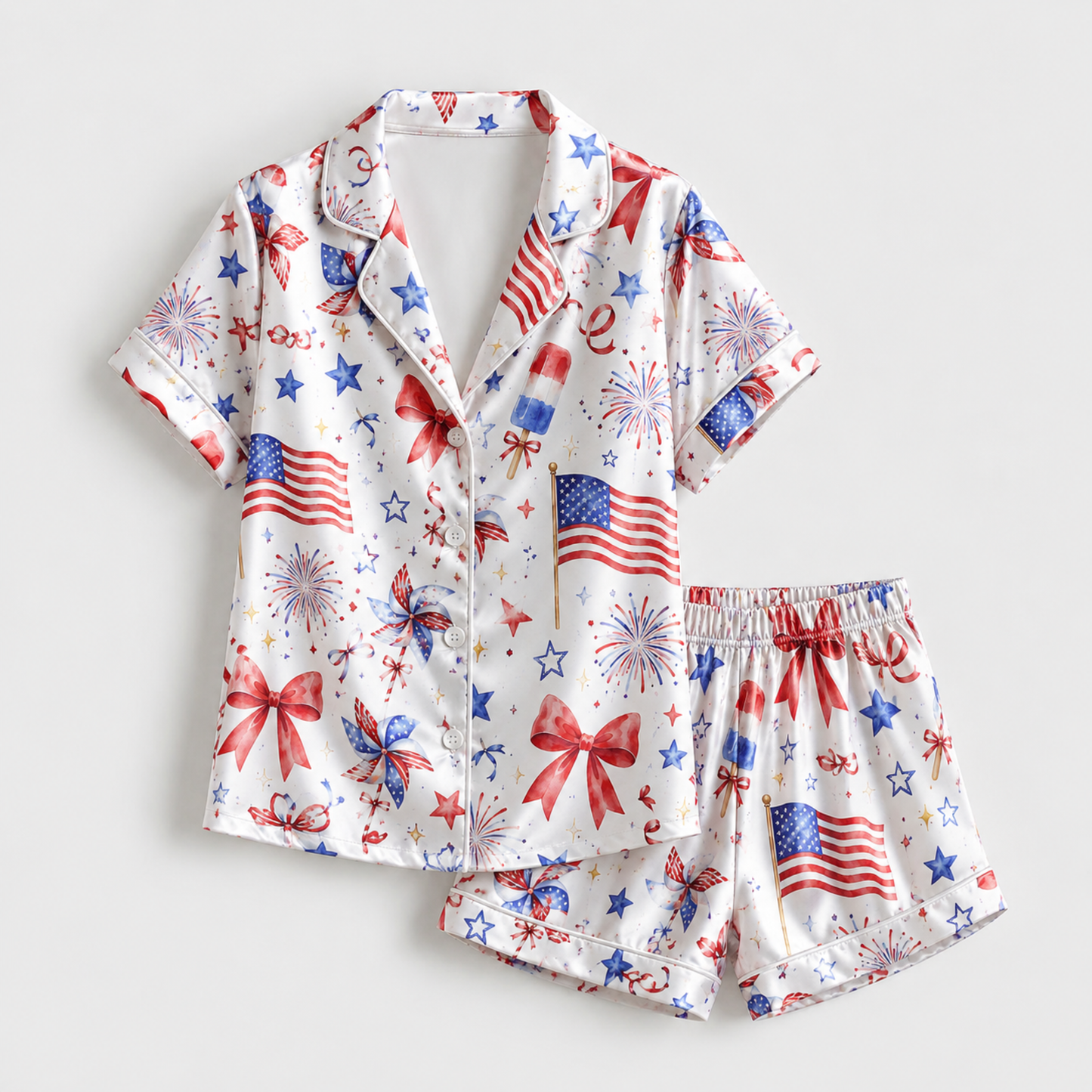 PJ-M006-White Satin Sleepwear Coordinate Featuring Patriotic Flags Fireworks Pinwheels And Festive Red Bows