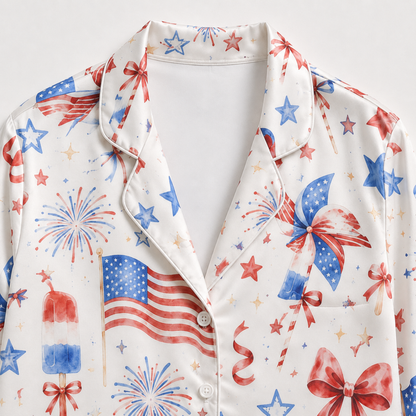 PJ-M006-White Satin Sleepwear Coordinate Featuring Patriotic Flags Fireworks Pinwheels And Festive Red Bows