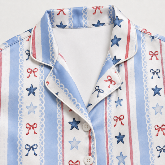 PJ-M007-Coquette Inspired Blue Striped Satin Sleepwear Featuring Red Bows Delicate Lace And Star Motifs