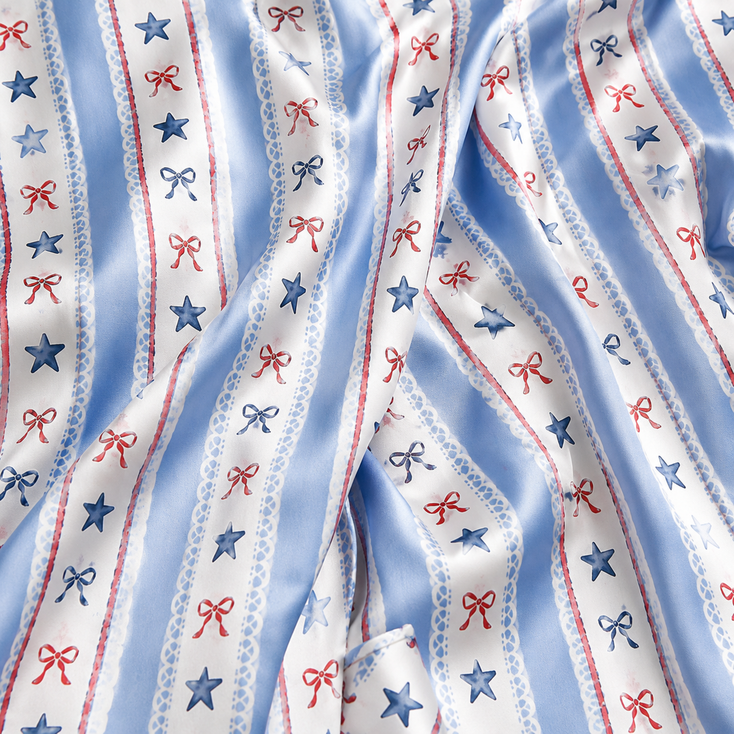 PJ-M007-Coquette Inspired Blue Striped Satin Sleepwear Featuring Red Bows Delicate Lace And Star Motifs