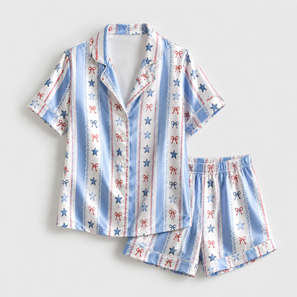 PJ-M007-Coquette Inspired Blue Striped Satin Sleepwear Featuring Red Bows Delicate Lace And Star Motifs