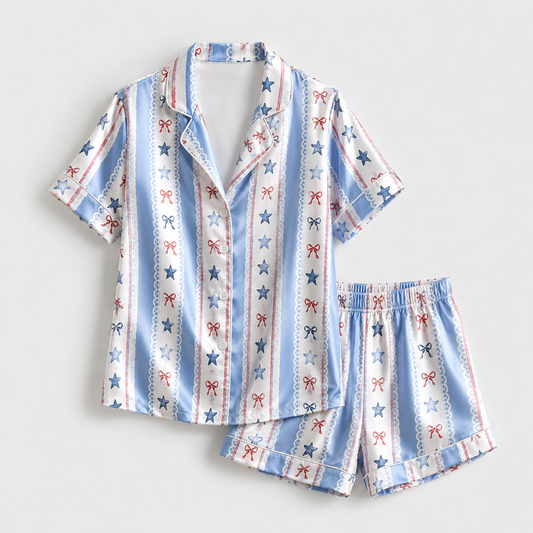 PJ-M007-Coquette Inspired Blue Striped Satin Sleepwear Featuring Red Bows Delicate Lace And Star Motifs