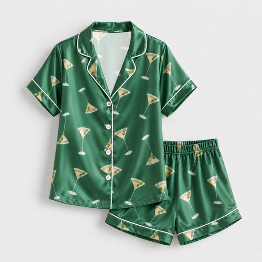 PJ-M008-Chic Forest Green Cocktail Martini Pattern Glossy Satin Sleepwear Pajama Matching Coordinate Lounge Ensemble