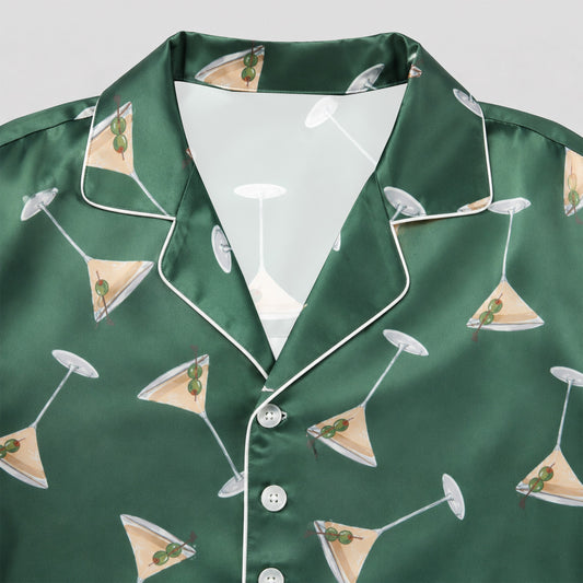 PJ-M008-Chic Forest Green Cocktail Martini Pattern Glossy Satin Sleepwear Pajama Matching Coordinate Lounge Ensemble
