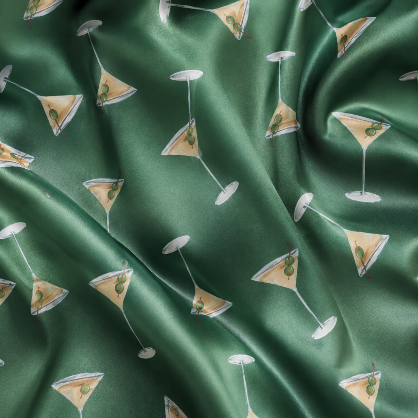 PJ-M008-Chic Forest Green Cocktail Martini Pattern Glossy Satin Sleepwear Pajama Matching Coordinate Lounge Ensemble