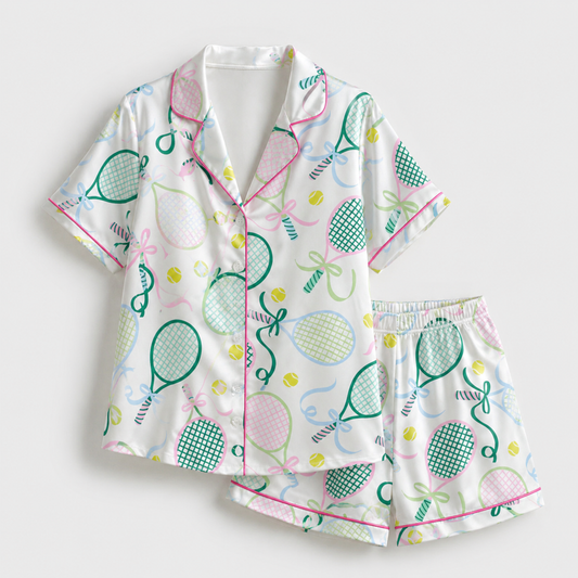 PJ-M010-Preppy Tennis Racket Print White Satin Sleepwear Pajama Set With Pink Piping And Bows