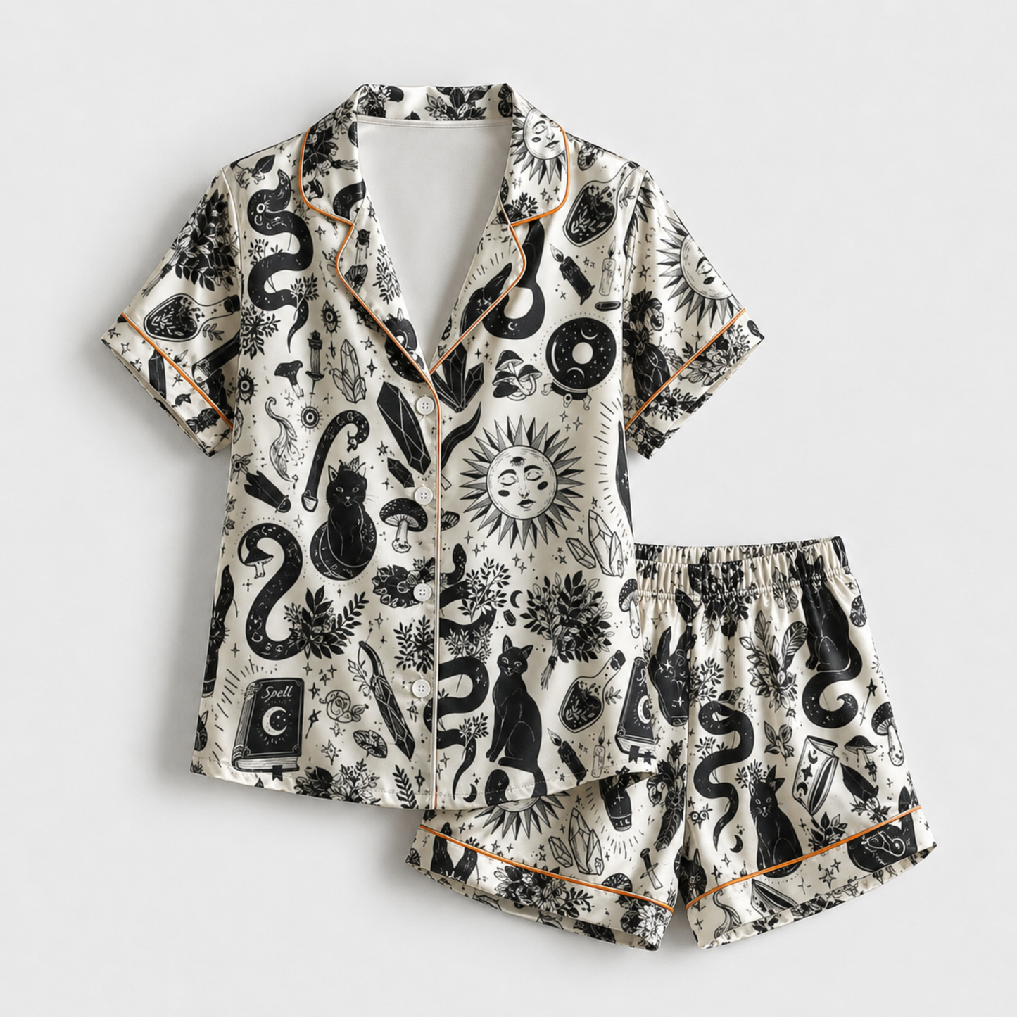 PJ-M011-Mystical Black Magic Celestial Sun Moon And Cat Print Cream Satin Sleepwear Pajama Set