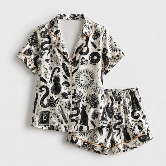 PJ-M011-Mystical Black Magic Celestial Sun Moon And Cat Print Cream Satin Sleepwear Pajama Set