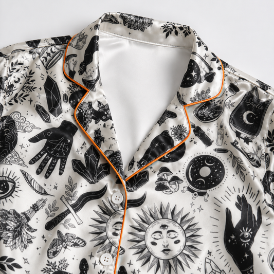 PJ-M011-Mystical Black Magic Celestial Sun Moon And Cat Print Cream Satin Sleepwear Pajama Set