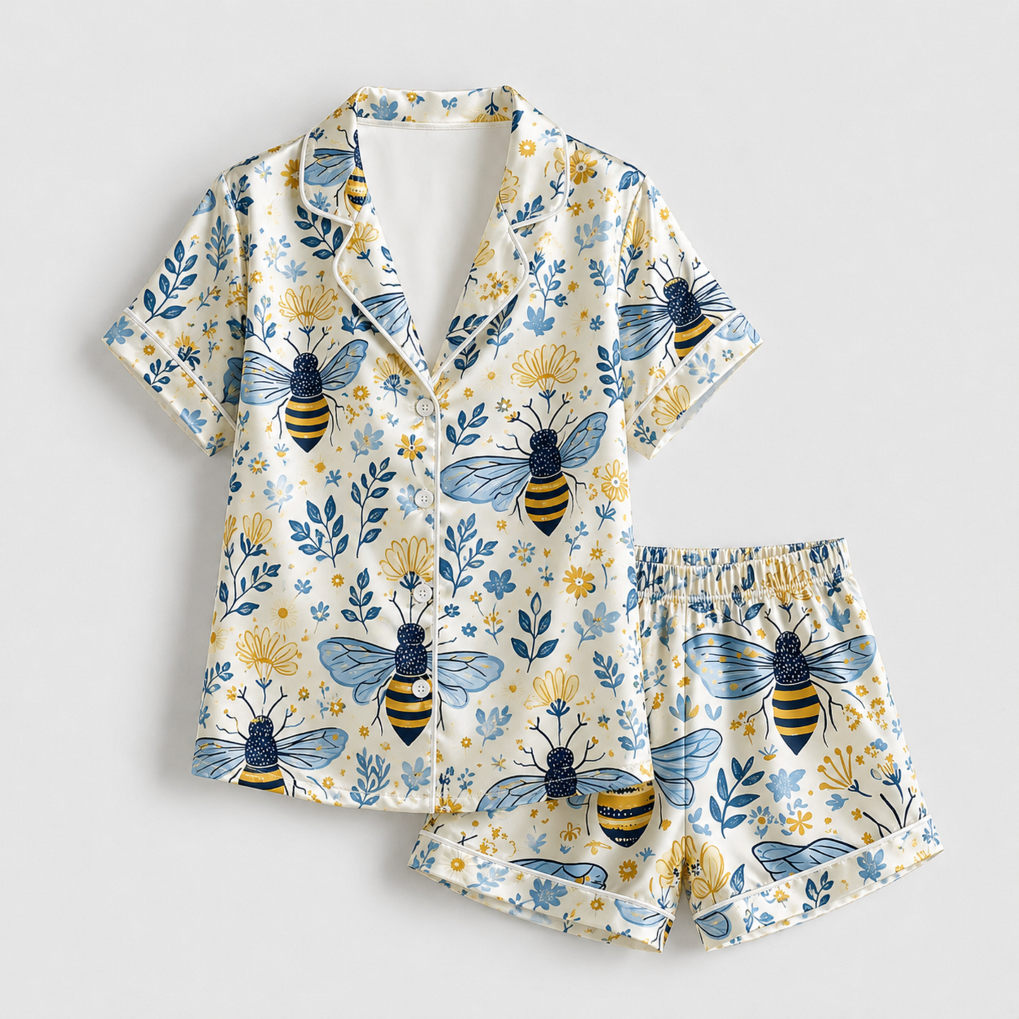 PJ-M013-Bumblebee And Blue Botanical Pattern Cream Satin Button Down Sleepwear Pajama Coordinate Set