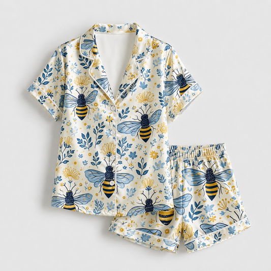 PJ-M013-Bumblebee And Blue Botanical Pattern Cream Satin Button Down Sleepwear Pajama Coordinate Set