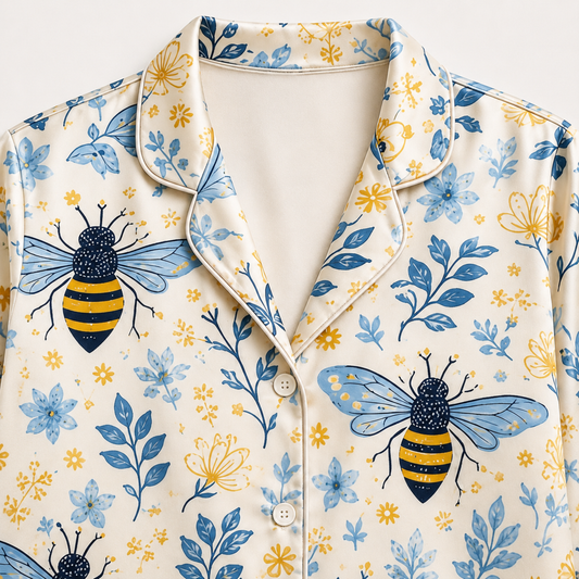 PJ-M013-Bumblebee And Blue Botanical Pattern Cream Satin Button Down Sleepwear Pajama Coordinate Set