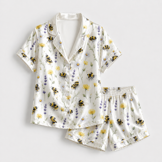 PJ-M014-Lavender And Yellow Daisy Bumblebee Floral Print White Satin Sleepwear Lounge Pajama Coordinate Set