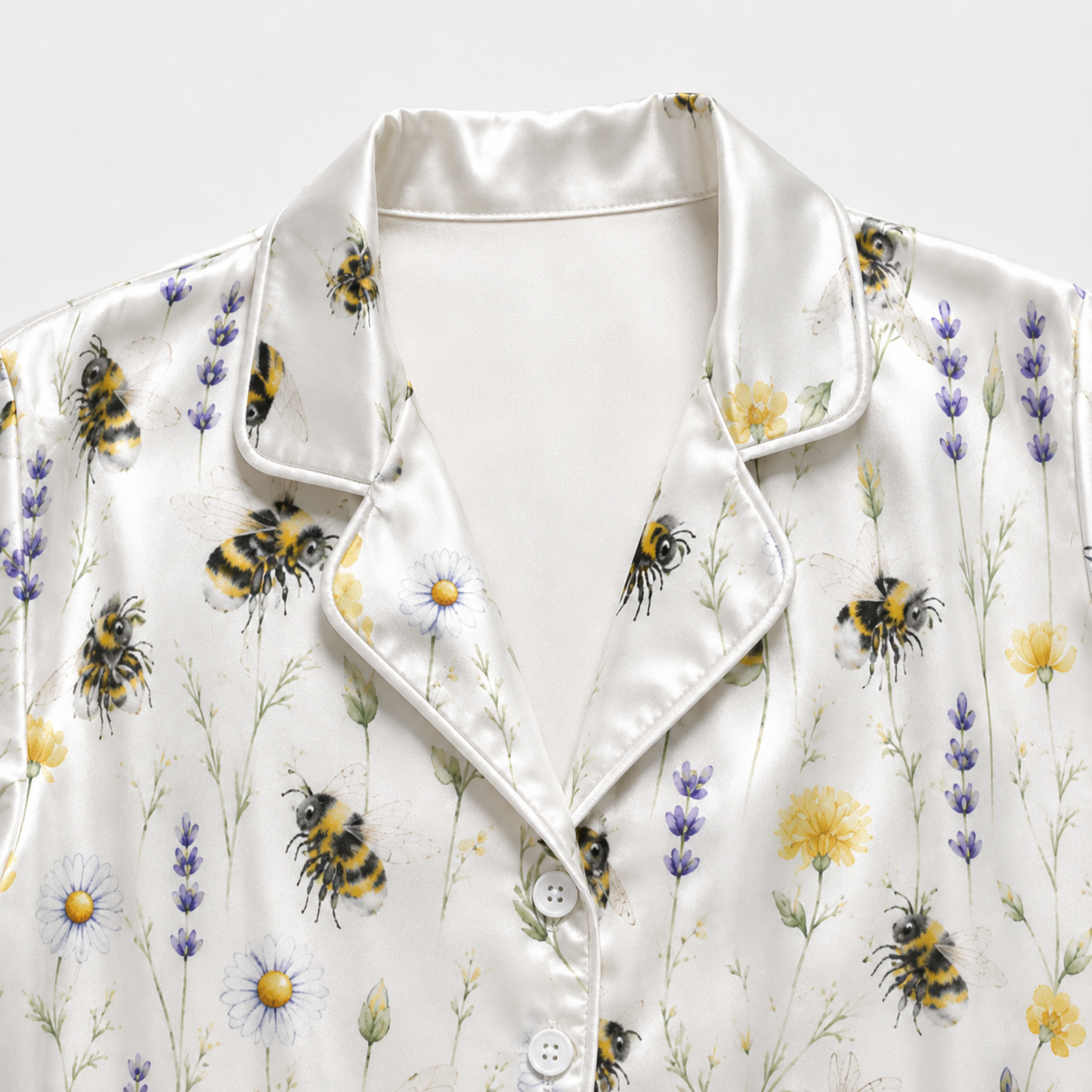 PJ-M014-Lavender And Yellow Daisy Bumblebee Floral Print White Satin Sleepwear Lounge Pajama Coordinate Set