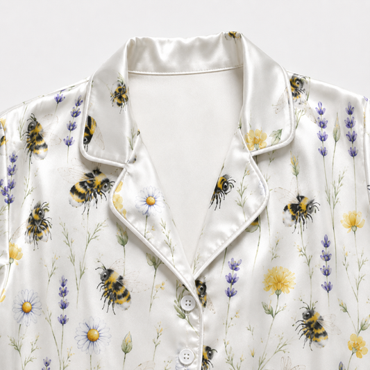 PJ-M014-Lavender And Yellow Daisy Bumblebee Floral Print White Satin Sleepwear Lounge Pajama Coordinate Set