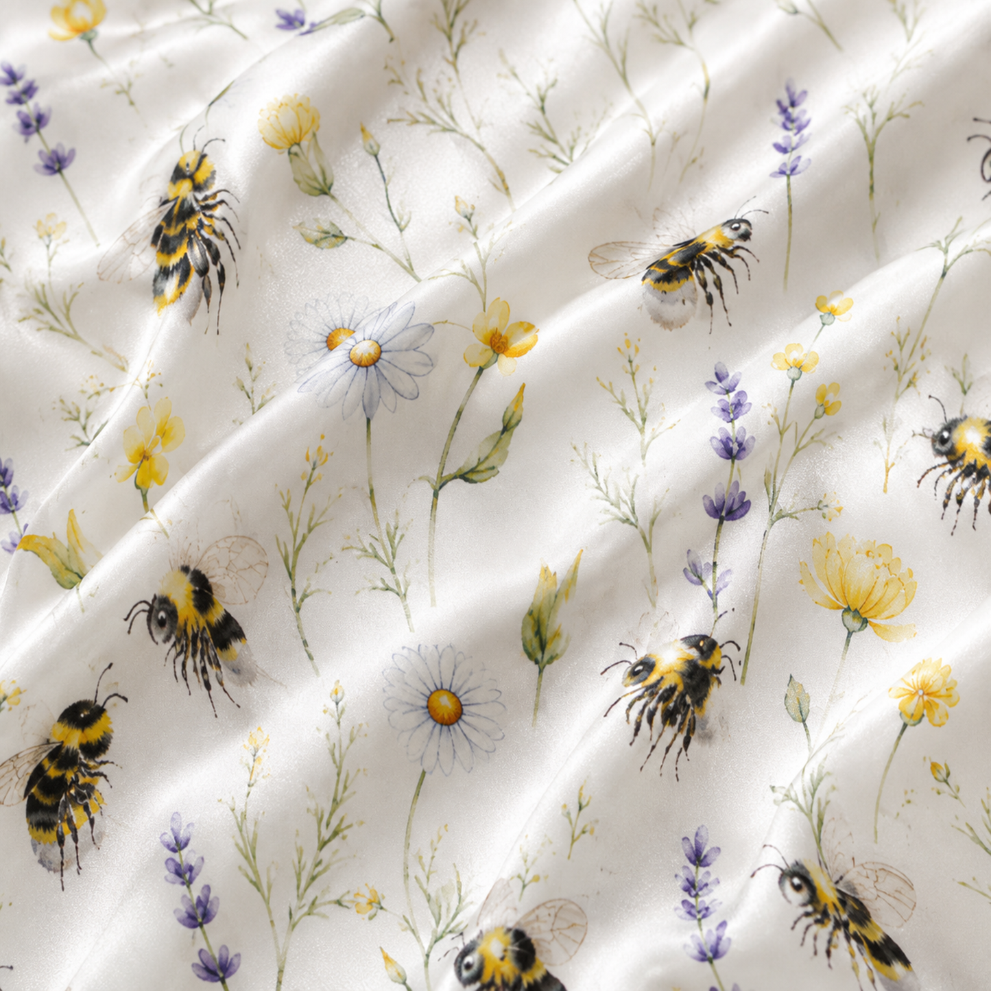 PJ-M014-Lavender And Yellow Daisy Bumblebee Floral Print White Satin Sleepwear Lounge Pajama Coordinate Set
